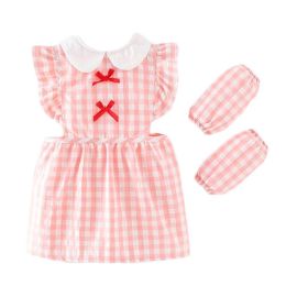 Pink Grid Baby Smock - Girls Inner Waterproof Apron Bibs Kids Apron Princess Eating Painting Apron