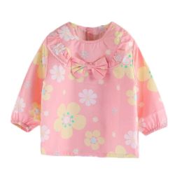 Pink/Yellow Flower Baby Eating Smock - Inner Waterproof Kids Bibs Long Sleeve Princess Apron