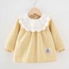 Yellow Grid Baby Eating Smock - Long Sleeve Inner Waterproof Baby Bibs Girls Painting Smock Apron