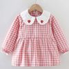 Pink Grid Baby Eating Smock - Infant Inner Waterproof Bibs Girls Long Sleeve Painting Smock Apron