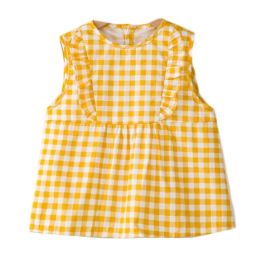 Yellow Grid Baby Apron - Inner Waterproof Apron Eating Smock Girl's Princess Smock Sleeveless Bib